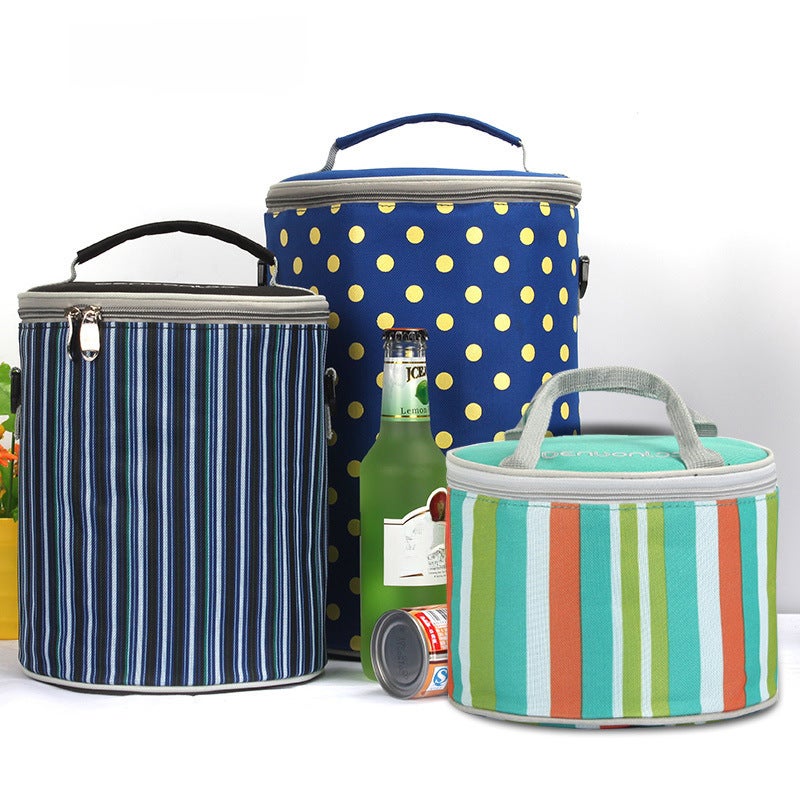 Thick Insulated Lunch Bag Round Freshness Tote Small Brown Wave Dot 