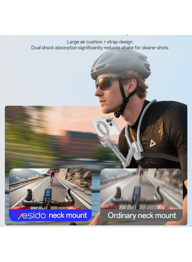 Yesido C332 Magnetic Neck Mount Holder for Smartphones & GoPro - Foldable Anti-Shake POV Vlogging Neck Stand for Action Cameras - Light Grey - Image 5