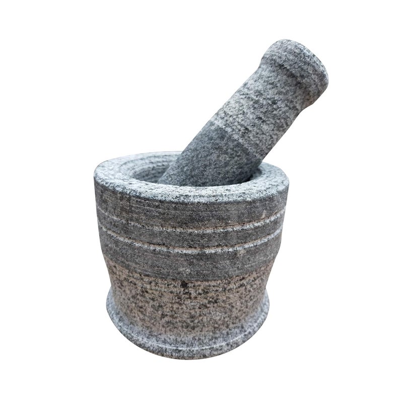 AZKAR Stone Mortar Pestle Set for Spices Okhli Masher Khalbatta Kharal Mixer Natural Traditional Grinder and Musal Well Design for Kitchen Home Herb 6 in - Image 1