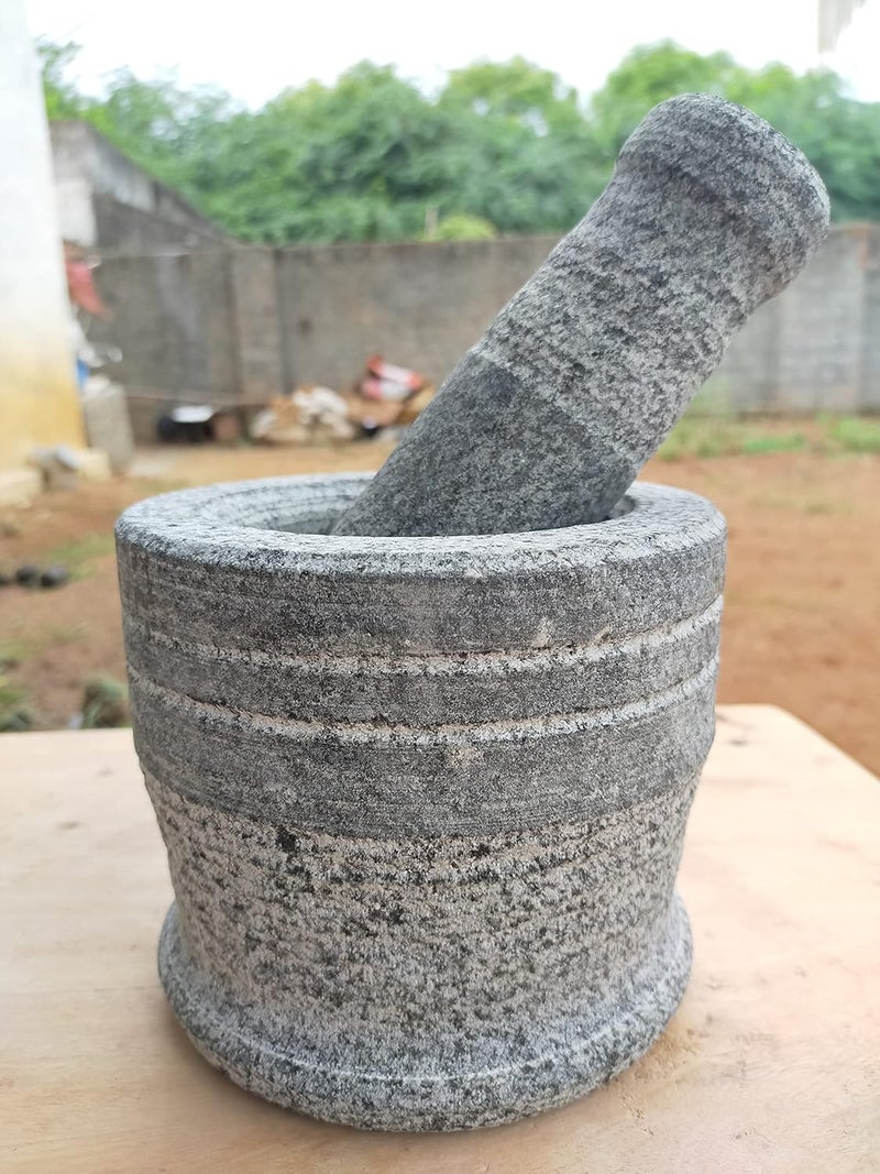 AZKAR Stone Mortar Pestle Set for Spices Okhli Masher Khalbatta Kharal Mixer Natural Traditional Grinder and Musal Well Design for Kitchen Home Herb 6 in - Image 3