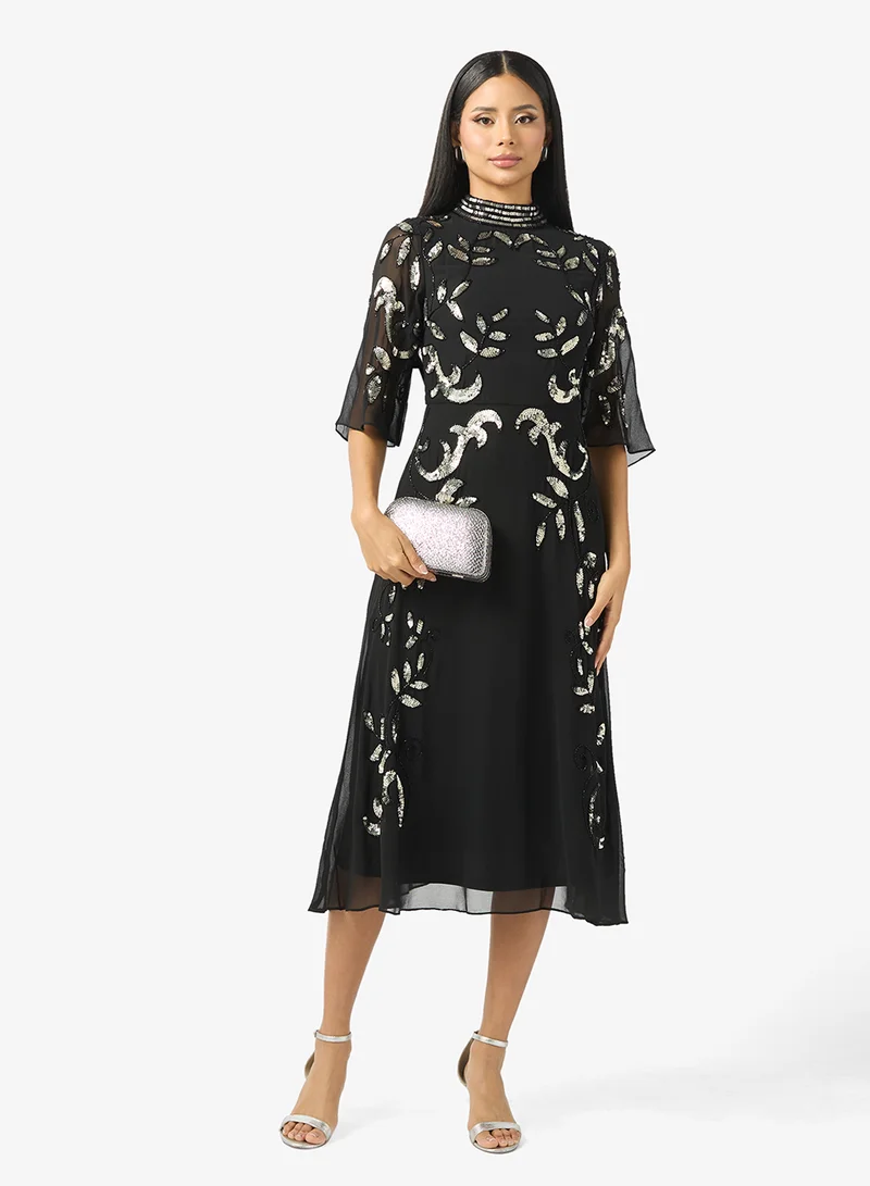 Frock and Frill Embellished High Neck Midi Dress