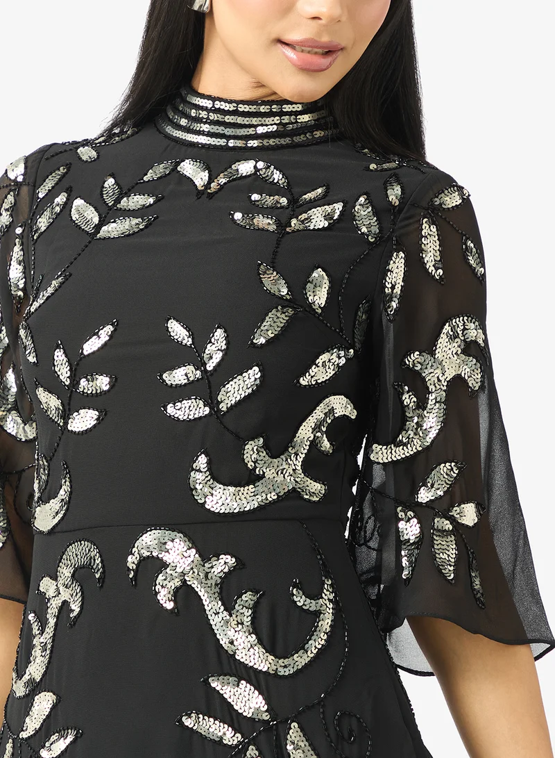 Frock and Frill Embellished High Neck Midi Dress