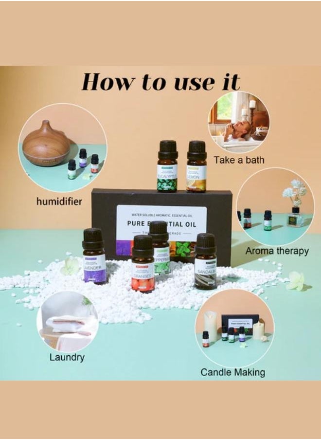 Plynox - 6pcs x 10 mL Essential Oils Suit Water Soluble Aromatherapy Essential Oil Sandalwood&Sweet Orange&Lavender&Eucalyptus&Lemon&Mint Aromatherapy Diffuser Oil for Humidifier, Aroma Diffuser - Image 1