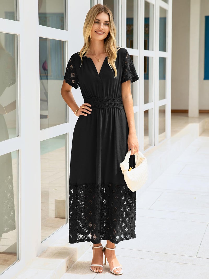 Simplee Apparel Simplee Womens Semi Formal Dresses - Casual Short Sleeve Long Flowy Lace Boho Wedding Guest Dress with Pockets (Black XL) - Image 3