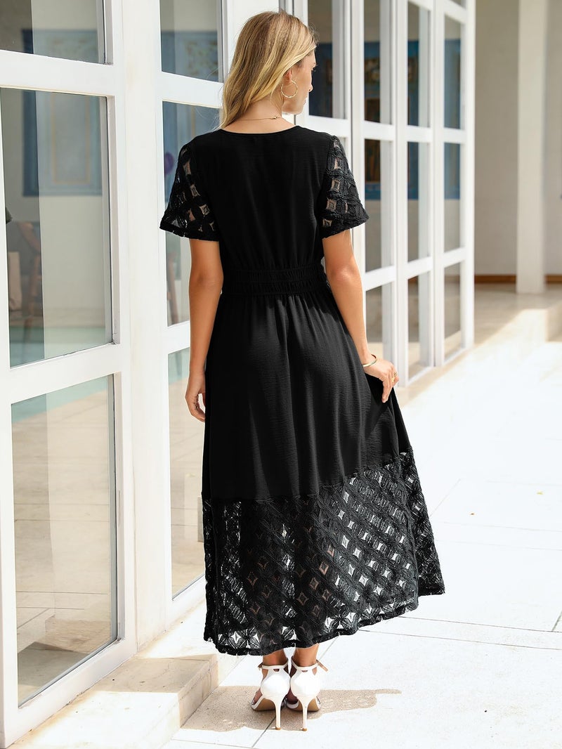 Simplee Apparel Simplee Womens Semi Formal Dresses - Casual Short Sleeve Long Flowy Lace Boho Wedding Guest Dress with Pockets (Black XL) - Image 5