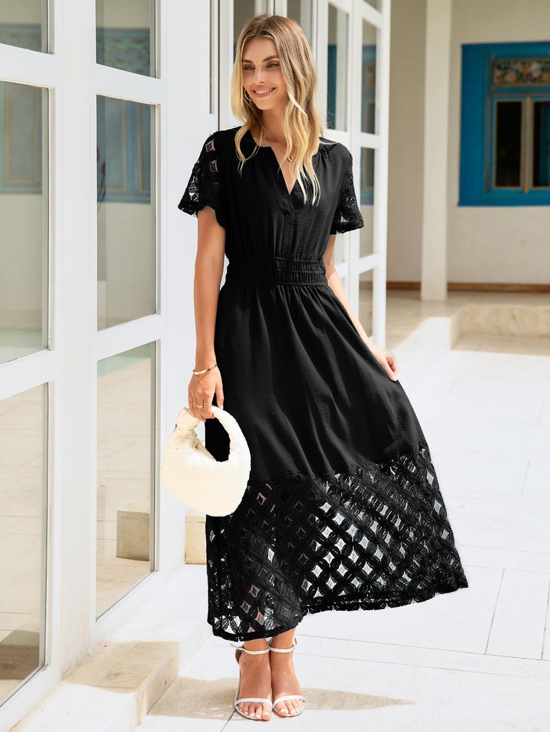 Simplee Apparel Simplee Womens Semi Formal Dresses - Casual Short Sleeve Long Flowy Lace Boho Wedding Guest Dress with Pockets (Black XL) - Image 2