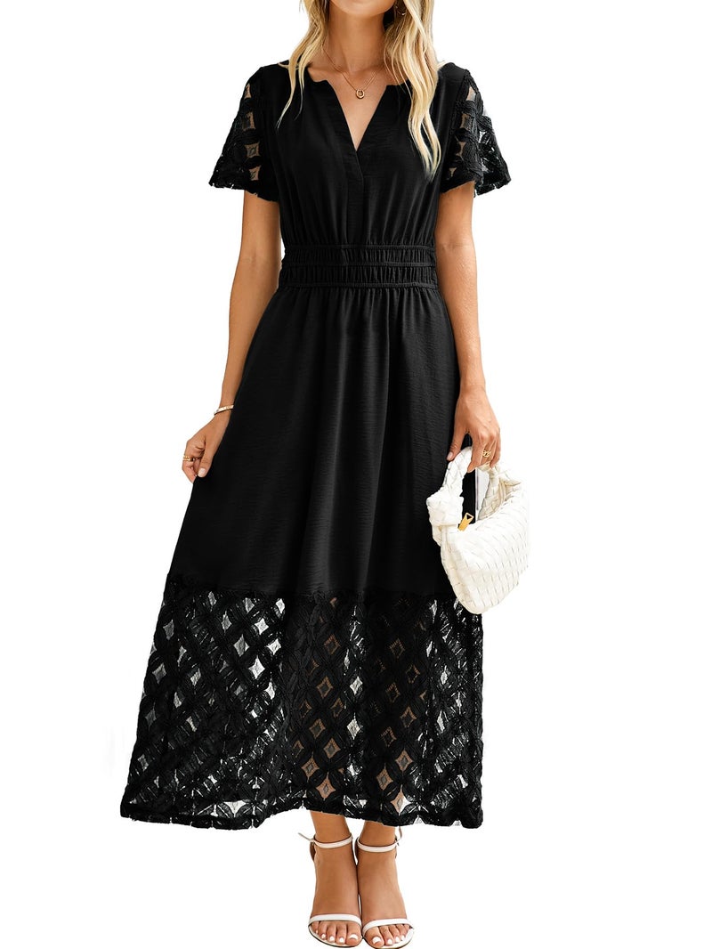 Simplee Apparel Simplee Womens Semi Formal Dresses - Casual Short Sleeve Long Flowy Lace Boho Wedding Guest Dress with Pockets (Black XL) - Image 1