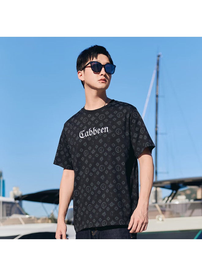 Cabbeen "full Print Old Flower" Men's New Xinjiang Long-staple Cotton T-shirt 24 Spring Summer Short Sleeve Trendy Coal Black L - Image 1