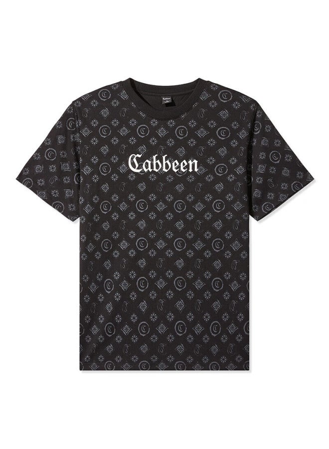 Cabbeen "full Print Old Flower" Men's New Xinjiang Long-staple Cotton T-shirt 24 Spring Summer Short Sleeve Trendy Coal Black L - Image 2