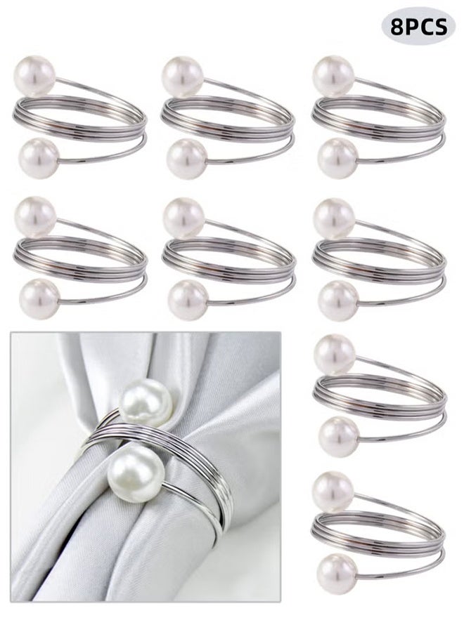 8Pcs Silver Pearl Napkin Rings Retro And Simple Style Silver Napkin Ring Pearls，Silver Metal Electroplated Napkin Rings For Family Dinner Wedding Table Decoration Birthday Party Decoration - Image 1