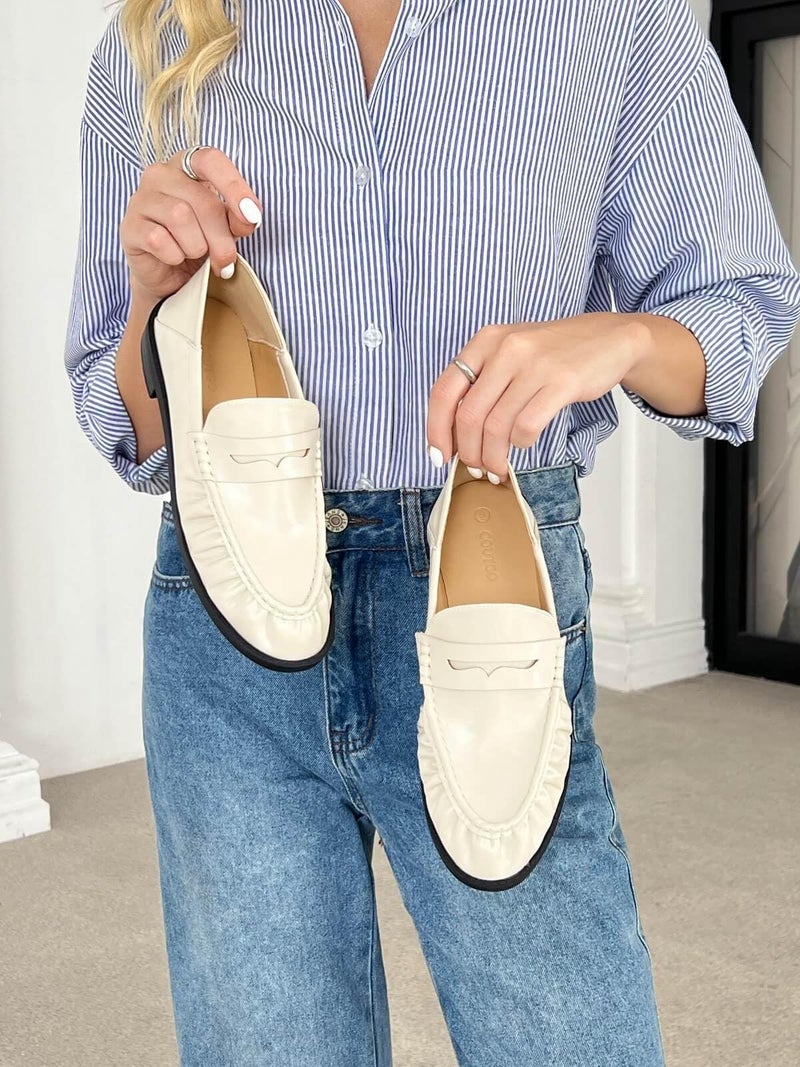 Coutgo Penny Loafers for Women Comfortable Slip on Shoes Collapsible Heel Closed Toe Dressy Casual Work Flats, Beige, Size 8 - Image 3