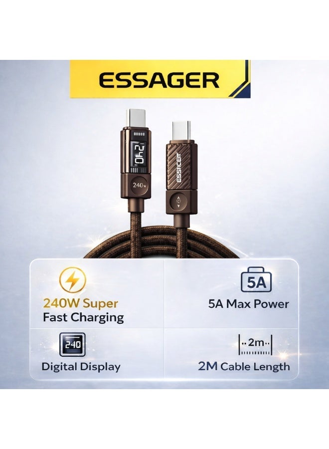 ايساجر كابل شحن ESSAGER من النوع C - قدرة خرج 240 واط - طول 2 متر - سعة 5 أمبير - متوافق مع سلسلة iPhone 15/16، وأجهزة الكمبيوتر المحمولة، وجميع أحدث موديلات الهواتف - شحن فائق السرعة للاستخدام عن بُعد (بني) - Zyntech - Image 2