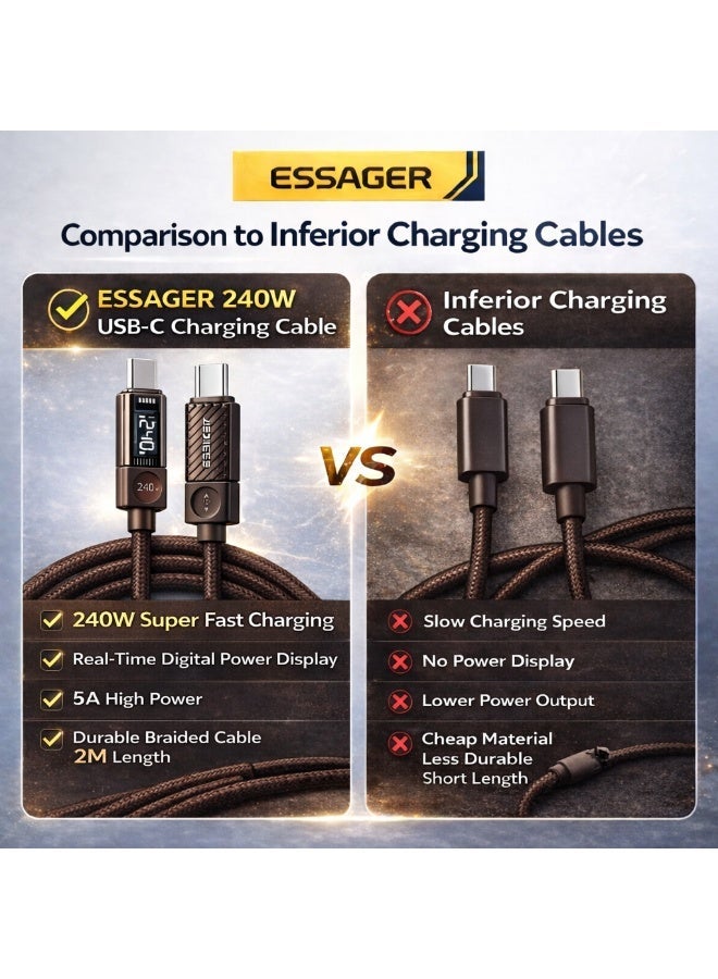 ايساجر كابل شحن ESSAGER من النوع C - قدرة خرج 240 واط - طول 2 متر - سعة 5 أمبير - متوافق مع سلسلة iPhone 15/16، وأجهزة الكمبيوتر المحمولة، وجميع أحدث موديلات الهواتف - شحن فائق السرعة للاستخدام عن بُعد (بني) - Zyntech - Image 3