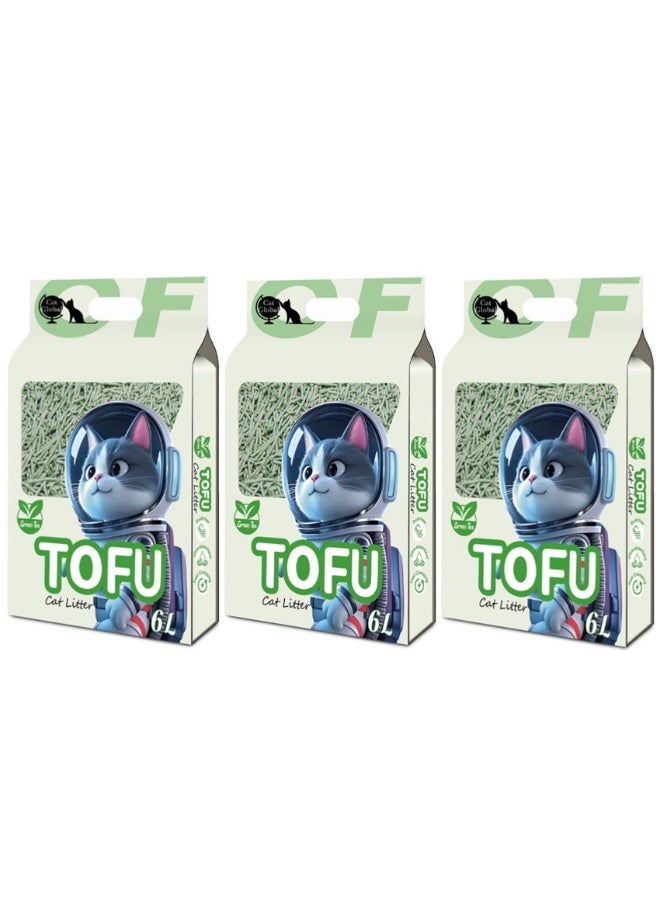 3 Pack Tofu Cat Litter, Flushable Clumping Cat Litter 100% Natural Bentonite, Scented Ultra Absorbent Bentonite Kitty Litter, Low Dust, Fresh Scented, Odor Control (3Pack × 6L, Green Tea)