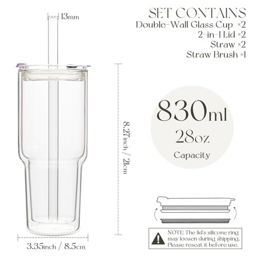 KEMORELA 28 oz Double Wall Glass Tumblers Set of 2, Extra-Wide 13mm Reusable Drinking Straws, Boba Tumbler, Wide-Mouth Water Cups for Iced Coffee, Smoothies, Boba & Tea Lovers (Clear) - Image 3