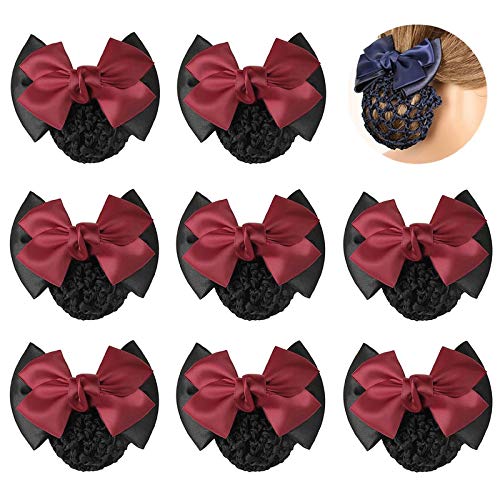 TXIN Women's Hair Accessories: Satin Bow Crochet Knit Red Snood with Bowknot Barrette, Non-slip Mesh Hair Clips for Work and Girls - Image 1