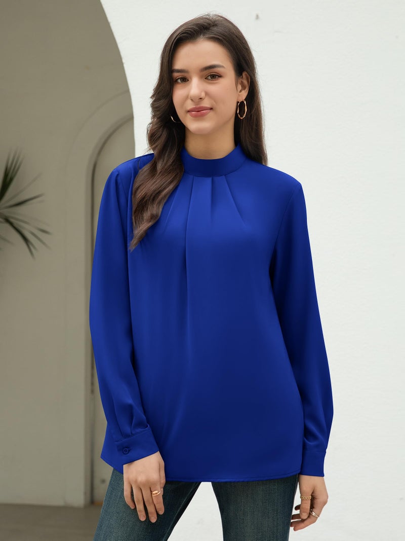 Funlingo Womens Long Sleeve Tops Fall Business Casual Tunic Chiffon Blouse High Neck Dressy Work Shirts Trendy Clothing Front Pleatings Royal Blue XL - Image 2