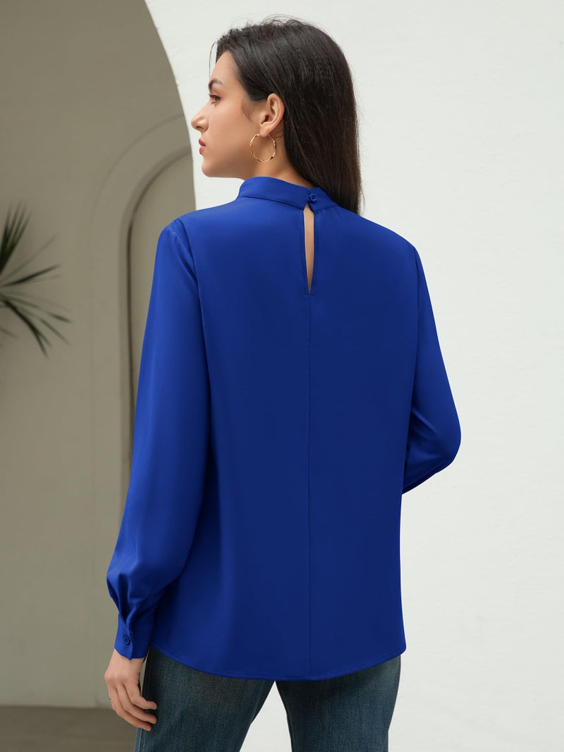 Funlingo Womens Long Sleeve Tops Fall Business Casual Tunic Chiffon Blouse High Neck Dressy Work Shirts Trendy Clothing Front Pleatings Royal Blue XL - Image 5