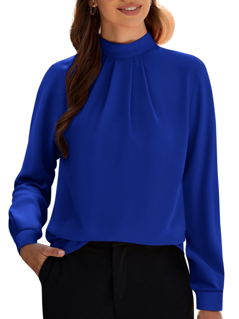 Funlingo Womens Long Sleeve Tops Fall Business Casual Tunic Chiffon Blouse High Neck Dressy Work Shirts Trendy Clothing Front Pleatings Royal Blue XL - Image 1