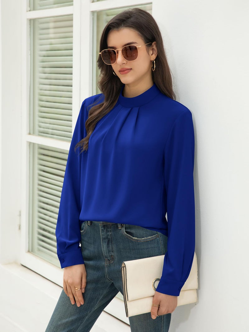 Funlingo Womens Long Sleeve Tops Fall Business Casual Tunic Chiffon Blouse High Neck Dressy Work Shirts Trendy Clothing Front Pleatings Royal Blue XL - Image 4