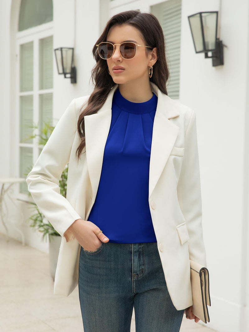Funlingo Womens Long Sleeve Tops Fall Business Casual Tunic Chiffon Blouse High Neck Dressy Work Shirts Trendy Clothing Front Pleatings Royal Blue XL - Image 3