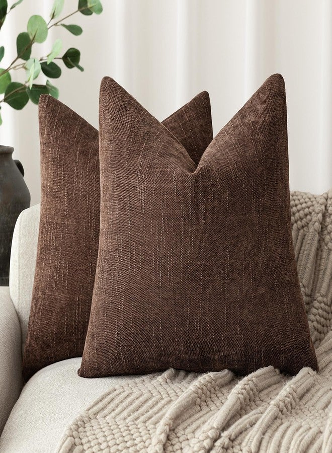 Foindtower Pack of 2 Soft Textured Chenille Throw Decorative Pillow Covers Square Accent Solid Cushion Cover Cozy Neutral Farmhouse Pillow Case for Couch Sofa Bedroom Living Room 24x24 Inch,Red Brown - Image 1