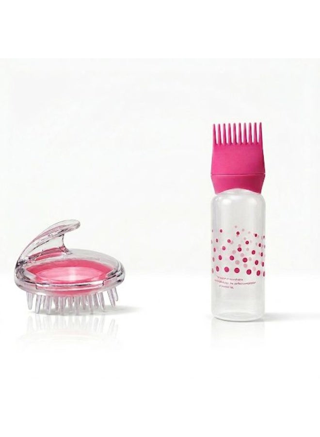 Pink Silicone Root Applicator Bottle with Comb and Scalp Massager Brush Set