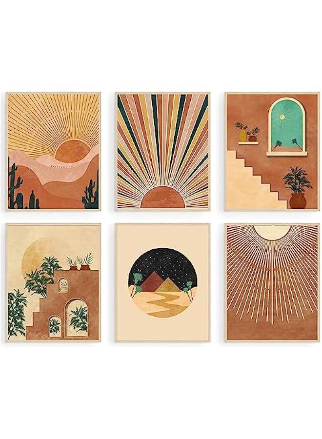 KBKBART Boho Wall Art Prints Set of 6, Mid-Century Modern Prints, Neutral Geometric Boho Wall Decor Sun Moon Palm Leaf Mountain Orange Beige Canvas Artwork, Minimalist Boho Posters for Bedroom Living Room Bathroom Office Boho Room Decor(8 X 10, Unframed) - Image 1