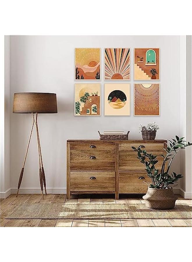KBKBART Boho Wall Art Prints Set of 6, Mid-Century Modern Prints, Neutral Geometric Boho Wall Decor Sun Moon Palm Leaf Mountain Orange Beige Canvas Artwork, Minimalist Boho Posters for Bedroom Living Room Bathroom Office Boho Room Decor(8 X 10, Unframed) - Image 2