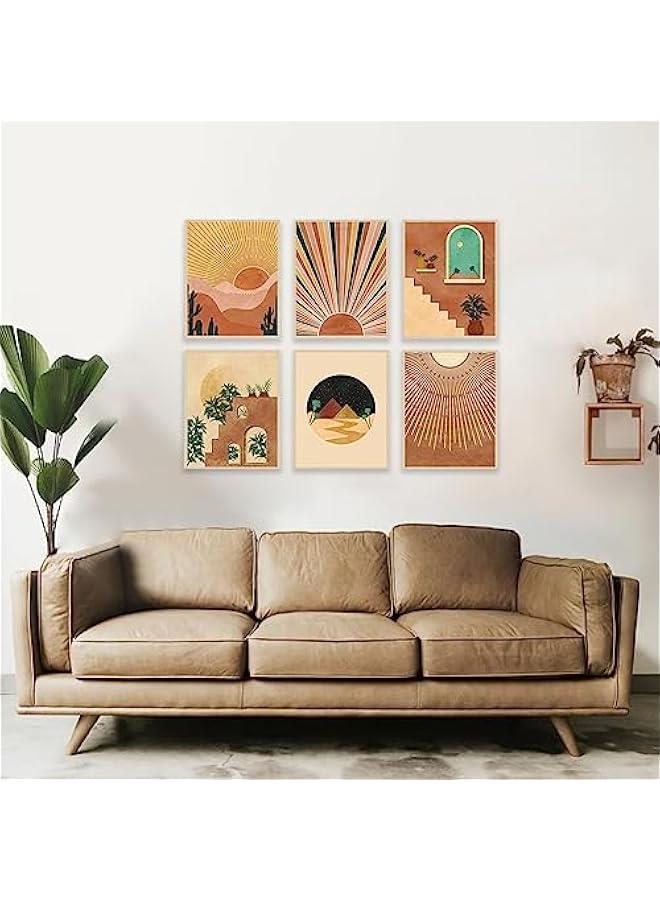 KBKBART Boho Wall Art Prints Set of 6, Mid-Century Modern Prints, Neutral Geometric Boho Wall Decor Sun Moon Palm Leaf Mountain Orange Beige Canvas Artwork, Minimalist Boho Posters for Bedroom Living Room Bathroom Office Boho Room Decor(8 X 10, Unframed) - Image 3