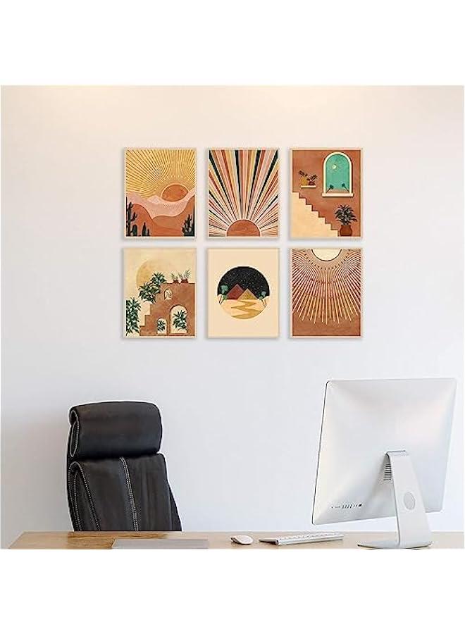KBKBART Boho Wall Art Prints Set of 6, Mid-Century Modern Prints, Neutral Geometric Boho Wall Decor Sun Moon Palm Leaf Mountain Orange Beige Canvas Artwork, Minimalist Boho Posters for Bedroom Living Room Bathroom Office Boho Room Decor(8 X 10, Unframed) - Image 5