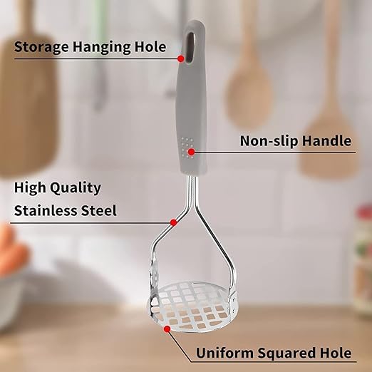 NAIDEV NAIDEV Potato Masher Best Potato Masher Kitchen Tool for Vegetables Fruits and Baby Food Preparation Multipurpose Kitchen Utensil with Ergonomic Grip and Hanging Hook Hole Grey  - Image 3