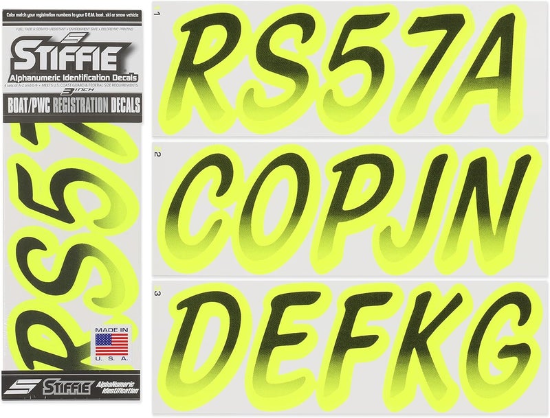 Stiffie Whipline Black/Day Glow Yellow 3" Boat & PWC Registration Decals • Numbers Letters Stickers - Image 1