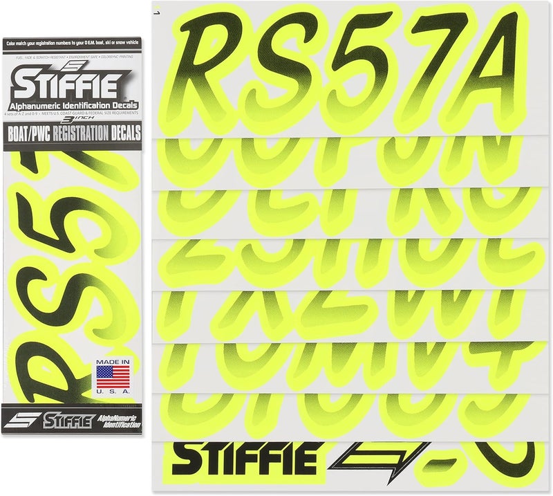 Stiffie Whipline Black/Day Glow Yellow 3" Boat & PWC Registration Decals • Numbers Letters Stickers - Image 2