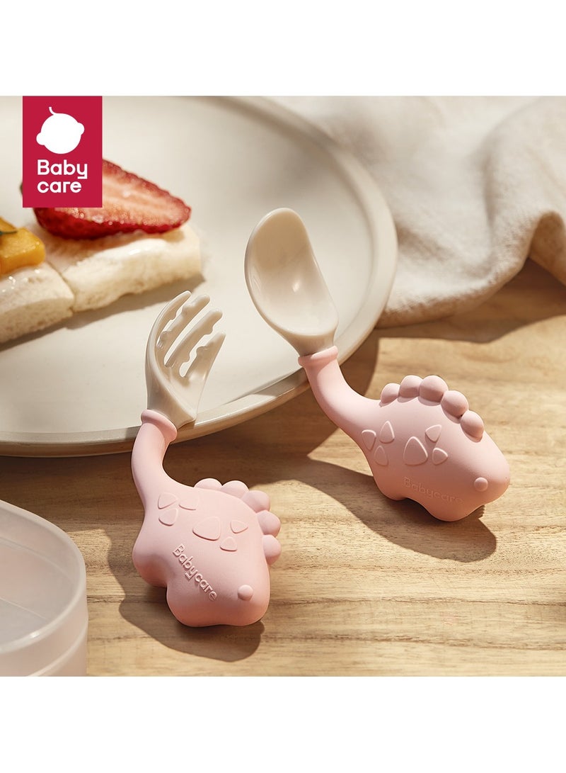 Baby Care Cute Dinosaur Baby Spoon and Fork Set with Travel Case, Self-Feeding Cutlery Set for Toddlers , BPA Free Toddler Training Set, Easy to Clean Ideal for Everyday Use and Travel Pink - Image 1