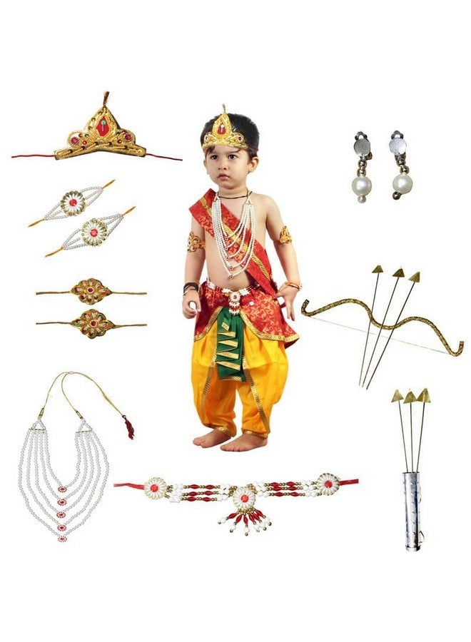 Kaku Fancy Dresses Kaku Fancy Dresses Ram Costume for Kids Infant Baby Ram Dress for Boys (Set of 11 - Red Dhoti, Patka(Stole), Belt, Mukut, Layer Pearl Mala, Moti Bajuband, Earrings, Dhanush, Tarkash and teer)  - Image 1