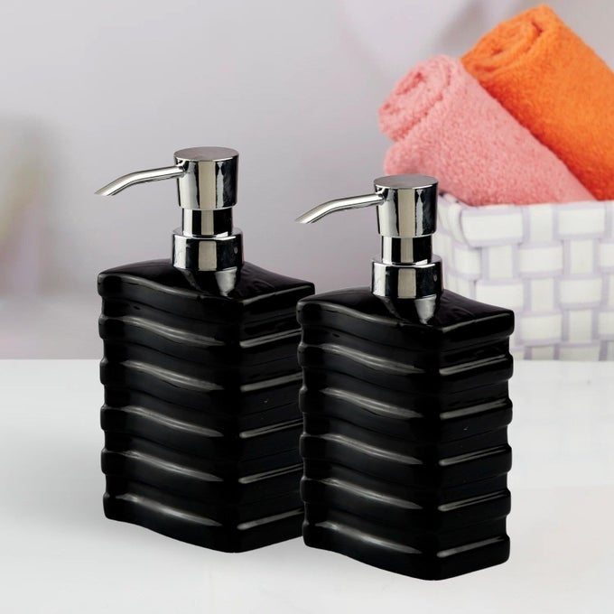 CERAMIC SOAP DISPENSER FOR BATHROOM HANDWASH REFILLABLE PUMP BOTTLE FOR KITCHEN HAND WASH BASIN SET OF 2 BLACK 10977
