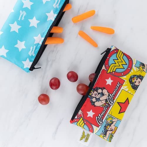 Bumkins Reusable Snack Bags, for Kids School Lunch and for Adults Portion, Washable Fabric, Waterproof Cloth Zip Bag, Supplies Travel Pouch, Food-Safe, 2-pk Wonder Woman DC Comics - Image 2