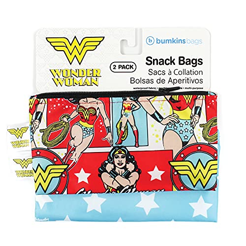 Bumkins Reusable Snack Bags, for Kids School Lunch and for Adults Portion, Washable Fabric, Waterproof Cloth Zip Bag, Supplies Travel Pouch, Food-Safe, 2-pk Wonder Woman DC Comics - Image 5