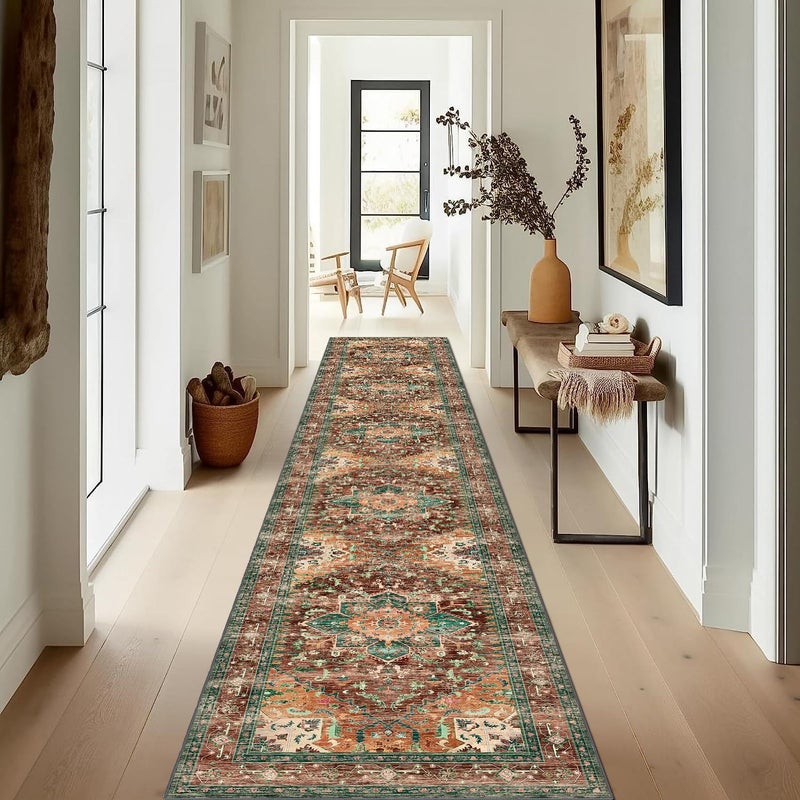Yamaziot Washable Runner Rug  2x12 Non-Slip Boho Vintage Hallway Rug Runner with Rubber Backing  Stain Resistant Low Pile Distressed Carpet Runner for Bedroom  Kitchen  Laundry  Entrance - Image 1