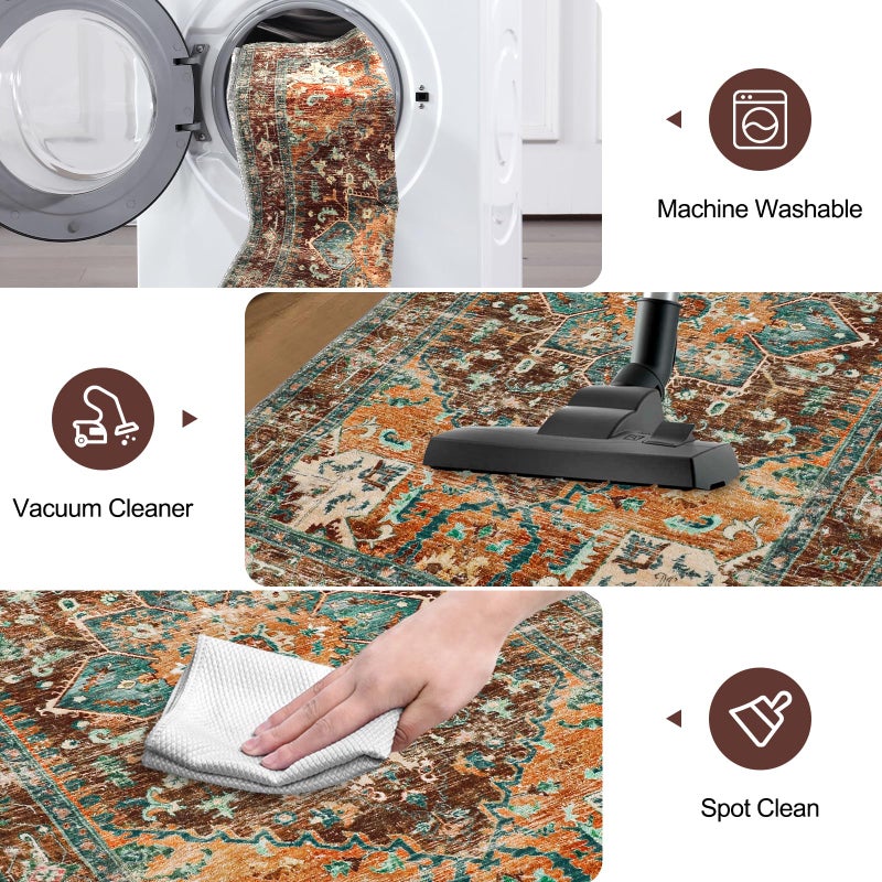 Yamaziot Washable Runner Rug  2x12 Non-Slip Boho Vintage Hallway Rug Runner with Rubber Backing  Stain Resistant Low Pile Distressed Carpet Runner for Bedroom  Kitchen  Laundry  Entrance - Image 4