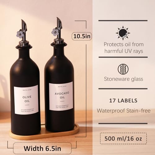 HOMCDALY Olive Oil Dispenser for Kitchen, 16oz Glass Oil Bottles with Bamboo Tray, Black Oil&Vinegar Cruet Set, Kitchen Dispenser Bottles with Pourer | Set of 2 (16oz – Black) - Image 4