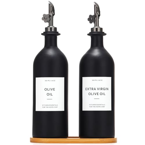 HOMCDALY Olive Oil Dispenser for Kitchen, 16oz Glass Oil Bottles with Bamboo Tray, Black Oil&Vinegar Cruet Set, Kitchen Dispenser Bottles with Pourer | Set of 2 (16oz – Black) - Image 1