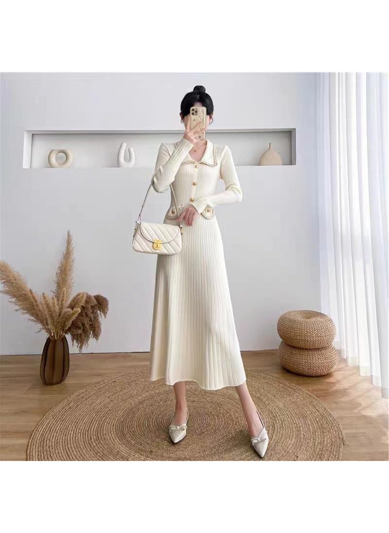 Generic Womens Autumn/Winter New Design Slimming Knit Dress High-Waisted Lapel Sweater Dress Trendy Mid-Length Base Layer Apricot  - Image 1
