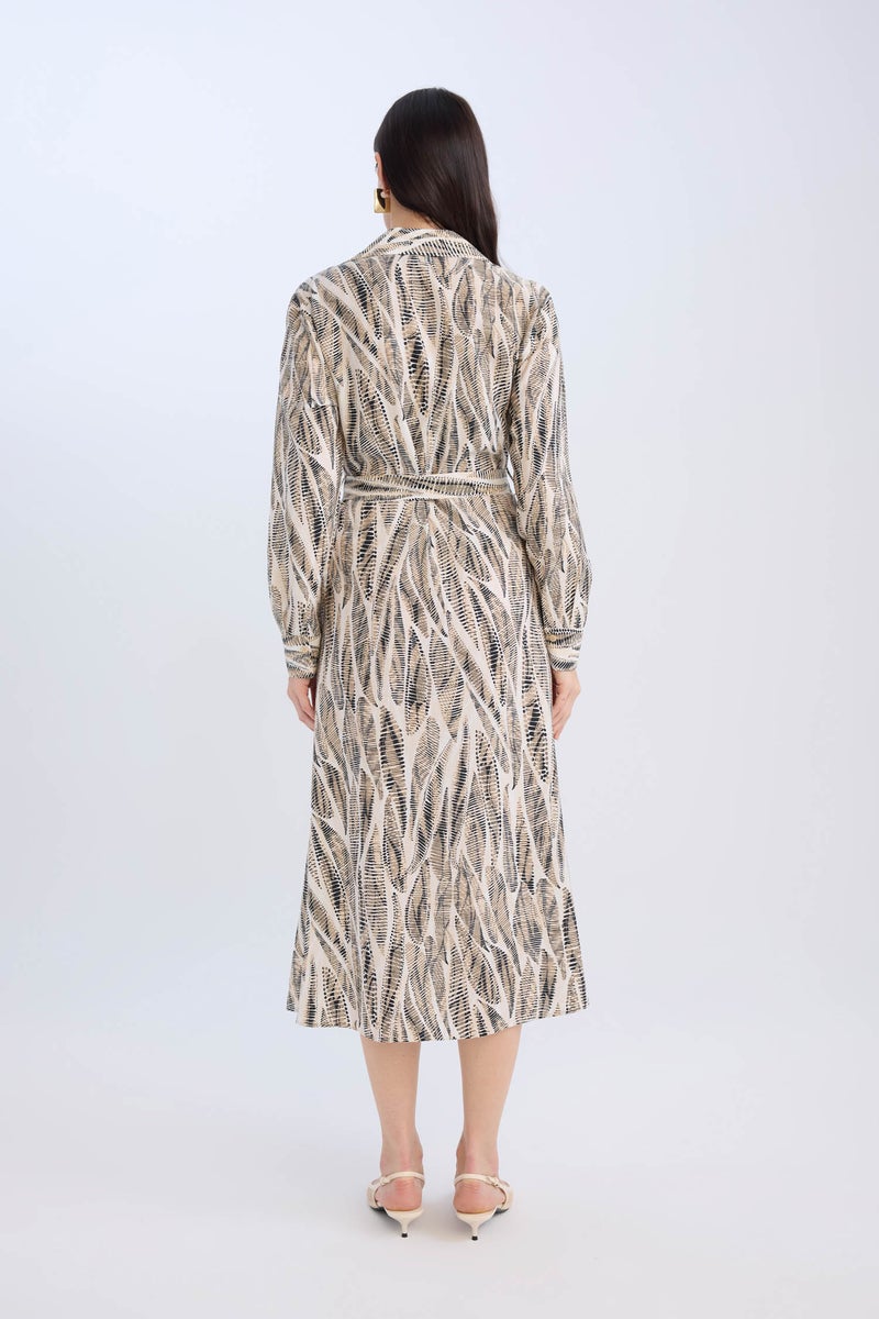 DeFacto Beige Woman Regular Fit Patterned V Neck Belted Maxi Dress Casual - Image 3