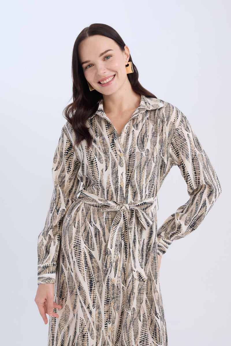 DeFacto Beige Woman Regular Fit Patterned V Neck Belted Maxi Dress Casual - Image 5