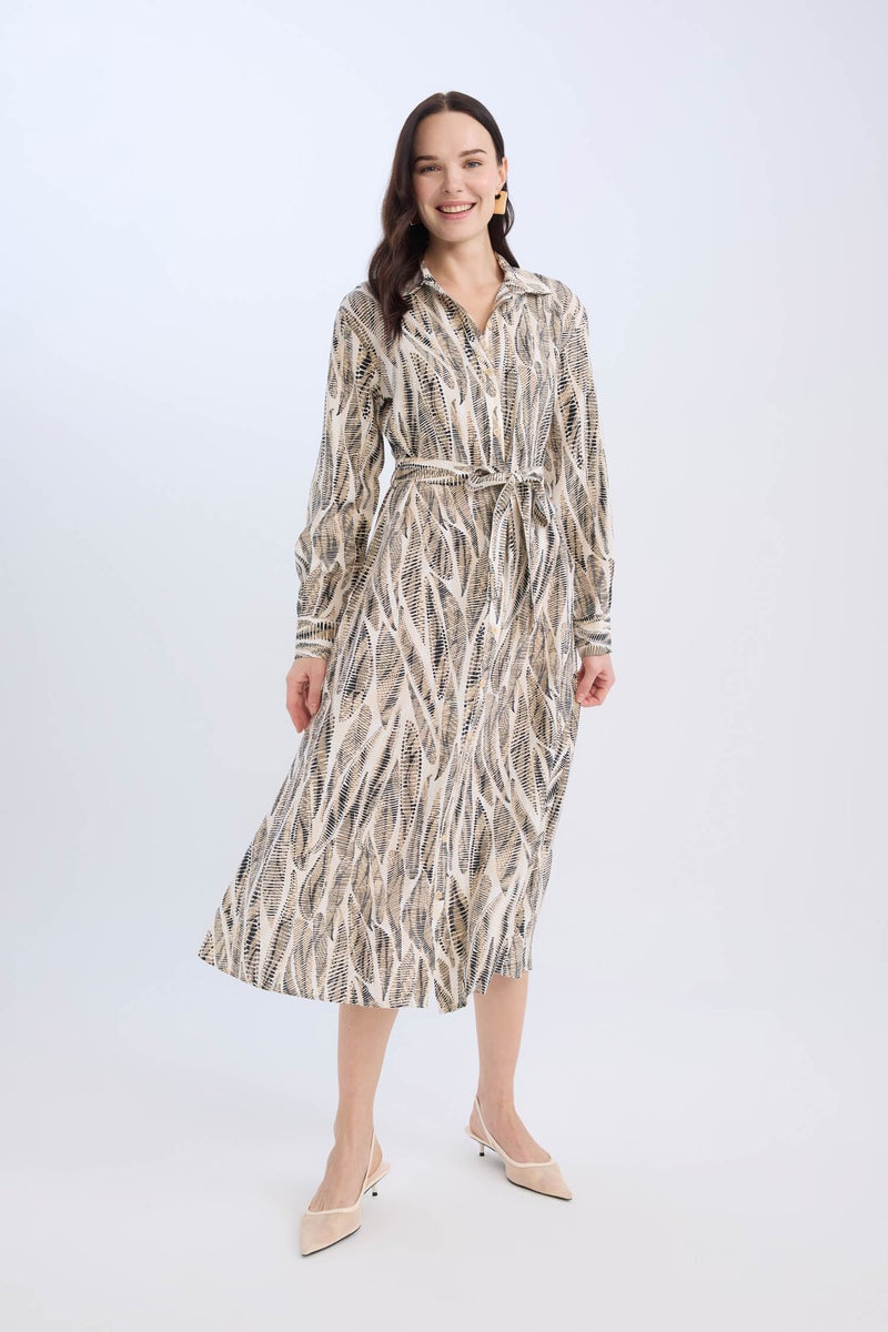 DeFacto Beige Woman Regular Fit Patterned V Neck Belted Maxi Dress Casual - Image 2