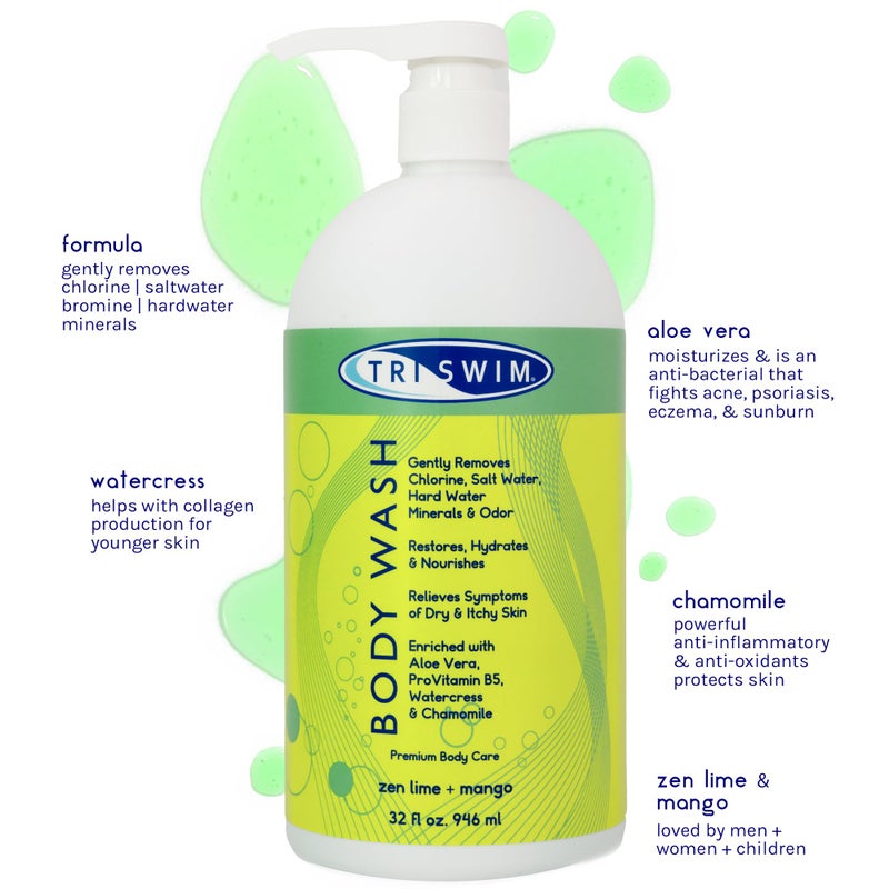 TRISWIM Chlorine Removal Body Wash 32 Fl Oz | Removes Chlorine, Bromine, Hard Water Minerals & Saltwater | Hydrates & Restores Skin | Zen Lime + Mango Scent - Image 2