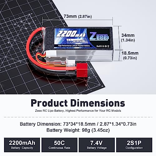 Zeee 2S 2200mAh Shorty Lipo Battery 7.4V 50C RC Battery with T Connector Soft Pack for 1/16 Slash RC Car RC Truck RC Helicopter Airplane Quadcopter Drone RC Boat Racing Models (2 Pack) - Image 2