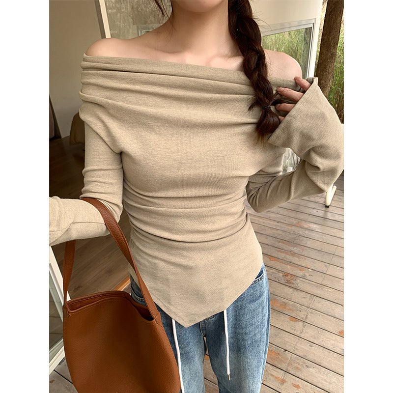 Real photo design niche pleated irregular swing collar long sleeve T-shirt women's spring and autumn 2024 new bottoming shirt - Image 1